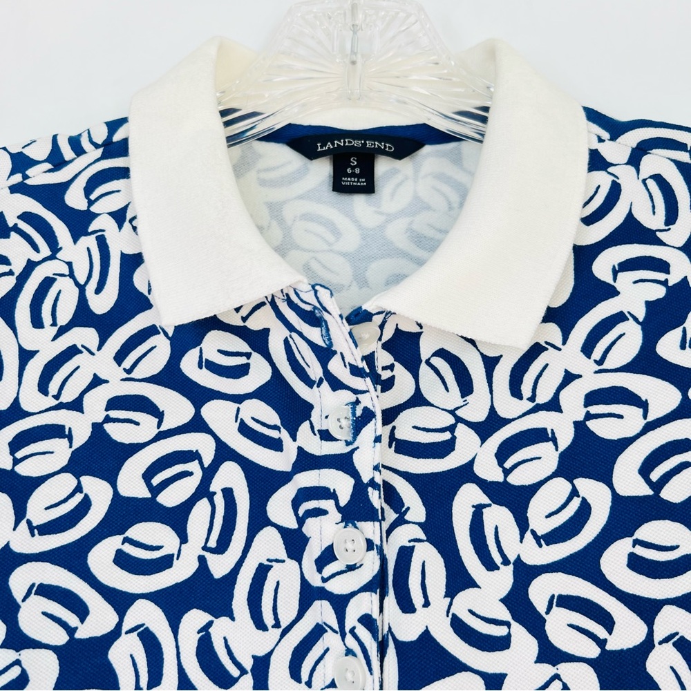 Lands' End Fedora Print Blue & White Pique Knit Polo Shirt Size Small (6-8) - Picture 16 of 17